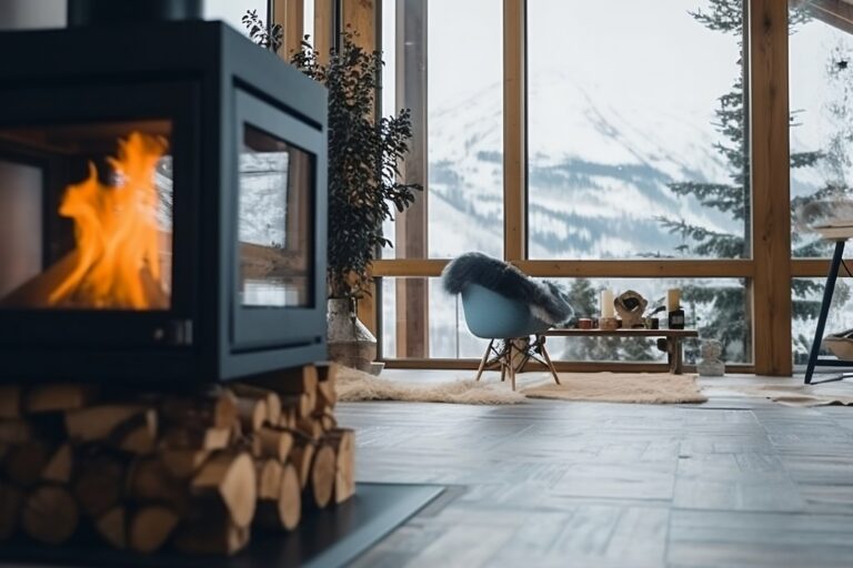 Holzofen, Küchenherd oder Feuerstelle im Holzhaus